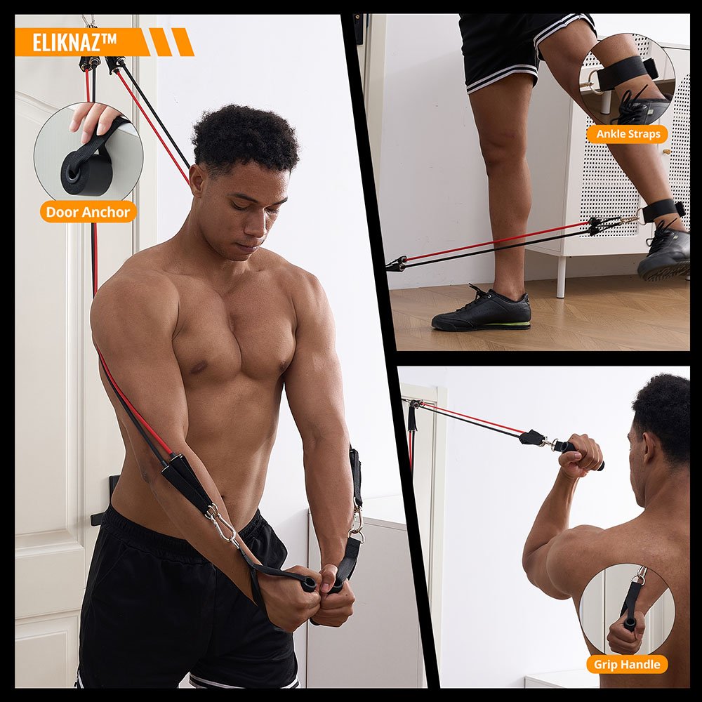 eliknaz Man training with Eliknaz resistance bands and door anchor – upper body workout at home