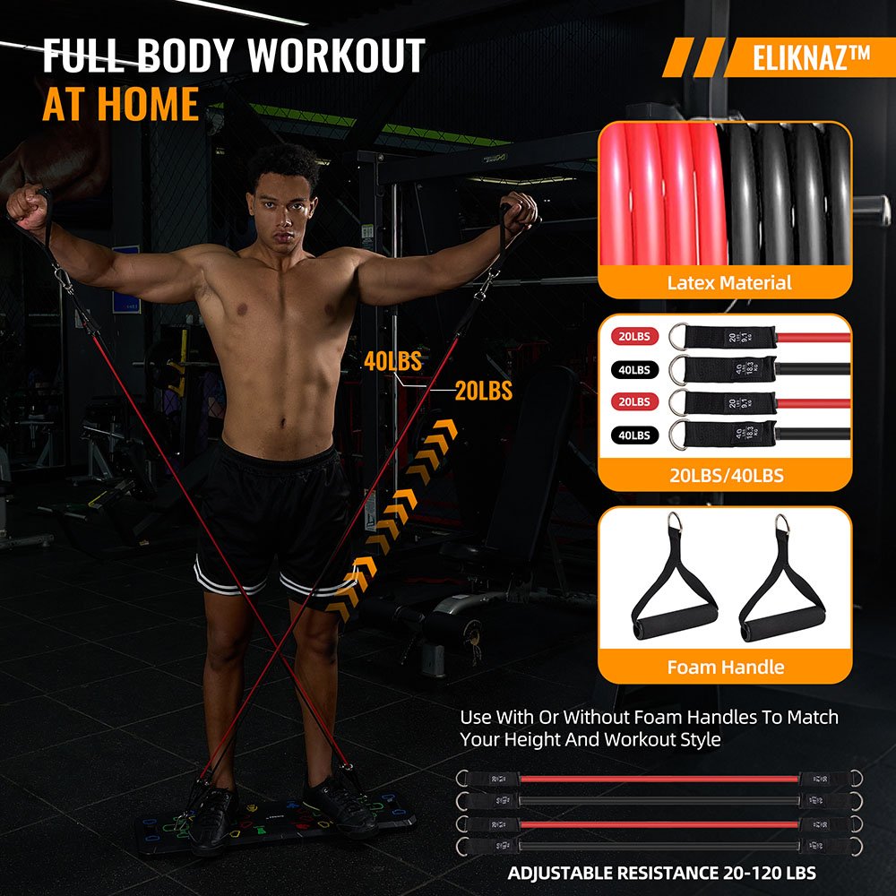 eliknaz Full Body Workout at Home Full-body home workout using Eliknaz portable push-up board and bands – adjustable resistance